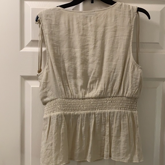 Sand colored sleeveless blouse elastic waist ruched shoulder V neck classy - Picture 8 of 9